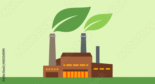 Green Energy's Embrace: A conceptual illustration depicting a factory adorned with green leaves, symbolizing sustainable energy and environmental consciousness. 