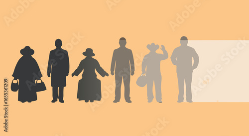 Silhouettes of Generations: A striking minimalist portrayal of diverse individuals, capturing the essence of ancestry and the passage of time. The monochrome figures stand out against a warm backdrop.