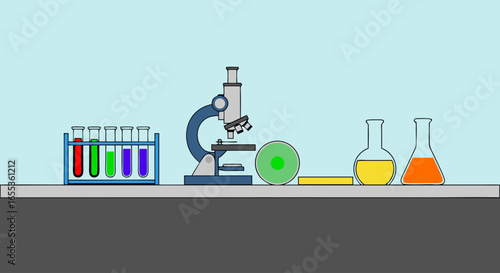 Laboratory Exploration: A meticulously arranged laboratory scene featuring a powerful microscope, beakers, test tubes, and flasks, all essential tools for scientific discovery.