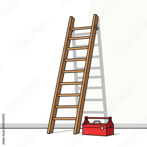 A wooden ladder leans against a plain white wall, with a red toolbox resting on the floor beside its base.