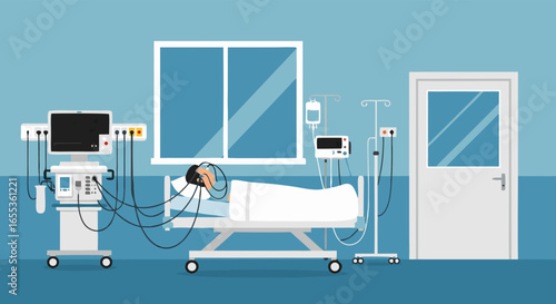 Hospital Bed Illustration: A patient lies in a hospital bed surrounded by medical equipment, illustrating modern medical care and critical conditions.