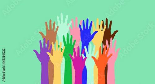 Unified Support: A collection of multi-colored hands raised in a symbolic expression of community, unity, and collective support. Symbolizing diversity and inclusion.