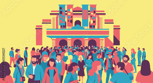 Event Gathering: A vibrant illustration capturing a lively event, teeming with diverse attendees in a dynamic atmosphere, a visual representation of culture and community.