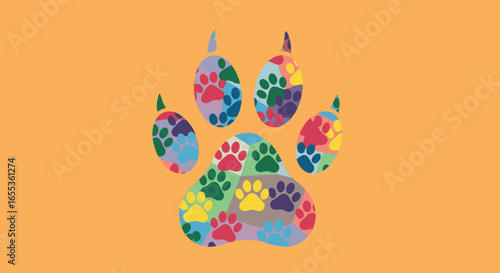 Whimsical Paw Print: A vibrant paw print, filled with a kaleidoscope of colorful paw prints, creating a joyful and playful visual on a warm orange background.