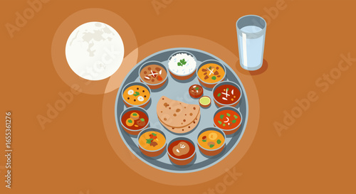 Exquisite Indian Thali: An enticing overhead view of a vibrant thali with an assortment of curries, side dishes, rice, bread, and a refreshing glass of water, symbolizing a rich cultural experience.
