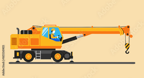 Construction Crane in Operation: The graphic depicts a robust construction crane in the midst of a project, meticulously executing its function in an urban or industrial landscape. 