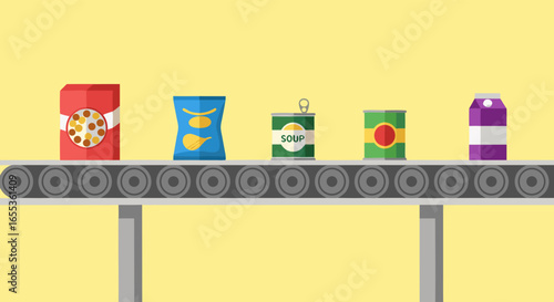 Automated Food Production Line: A depiction of a food production line, showcasing a streamlined process of packing various food items through a conveyor belt.