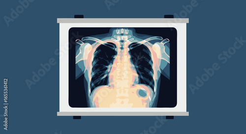 X-ray Examination of Human Chest: An informative X-ray image of the human chest displayed on a lighted screen, showcasing detailed skeletal structure and internal organs.