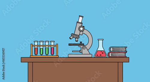 Science Laboratory Setup: An illustration of a clean laboratory scene featuring a microscope, test tubes, a flask, and books, suggesting a clean and scientific atmosphere