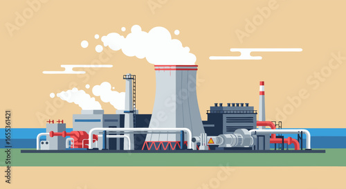 Modern Power Plant: An illustration showcases a modern power plant, highlighting the industrial structures, cooling towers, and energy production facilities.