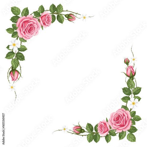 Pink Rose Floral Corner Border: Botanical Design Element