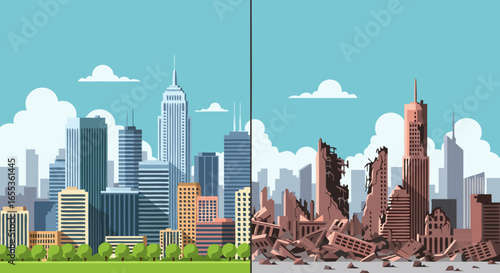 Apocalyptic Cityscape: A thought-provoking illustration juxtaposes a thriving city with a dystopian wasteland, presenting a stark contrast between prosperity and destruction. 