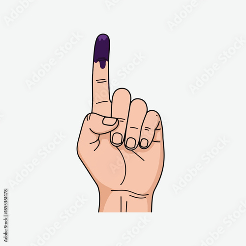 A hand with the index finger marked with purple ink, symbolizing voting in an election.