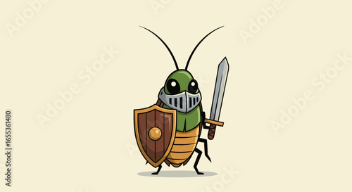 Bug Knight's Quest: A charming cartoon bug, clad in knightly armor, bravely holds a shield and sword, symbolizing courage and protection on an epic adventure.