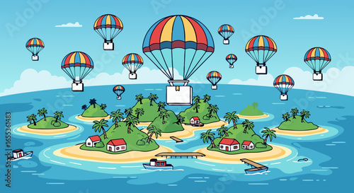 Airborne Isles: A whimsical illustration of an archipelago, where colorful hot air balloons drift above, creating a vibrant scene of exploration and adventure.