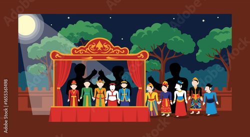 Puppet Show Drama: A vibrant puppet show is in full swing under the night sky, with intricate shadow puppets dancing on stage, bathed in the soft glow of the moonlight, telling an ancient story.