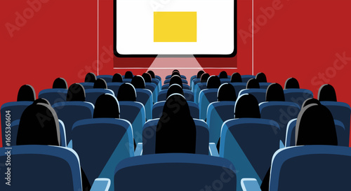 Cinema Dreams: A captivating scene of an audience engrossed in a movie, lights dimmed, focus on the screen. Reflecting the collective experience of cinema.