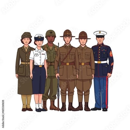 Diverse group of military personnel in vintage uniforms.