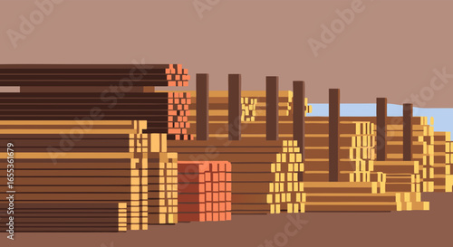 Lumberyard Stockpile: An eye-level, detailed representation of a lumberyard, showcasing diverse stacks of freshly cut wood awaiting distribution or processing. 