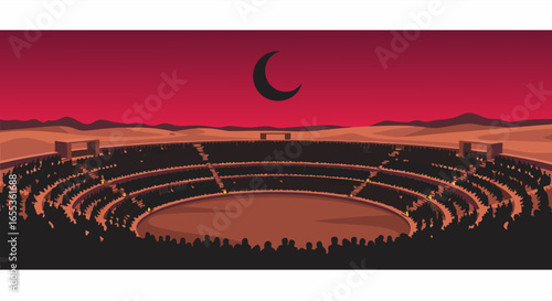 Arena Under The Crescent Moon: A graphic illustration of a majestic arena sits beneath a crescent moon set against a fiery red sky, evoking feelings of suspense and anticipation.