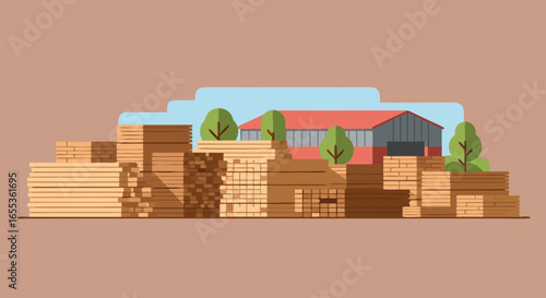Lumber Yard: A vibrant illustration depicts a lumber yard, with neat stacks of timber awaiting processing, a glimpse into the heart of the wood industry.