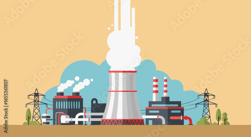 Industrial Power Plant: A detailed vector graphic captures the industrial might of a power plant, showcasing towering structures, emission, and the essence of industry.