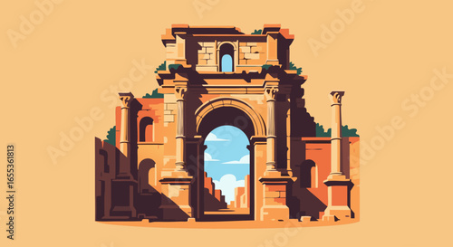 Ancient Archway Illustration: A majestic illustration of an ancient archway, with a glimpse of the sky through its stone frame, an inviting visual of historical grandeur.
