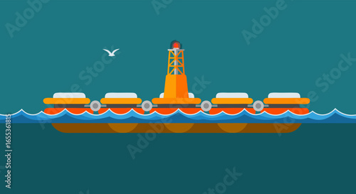 Cargo Ship on the Sea: A detailed vector illustration of a modern cargo ship sails across the vast blue ocean, its silhouette a symbol of global trade and maritime transport.