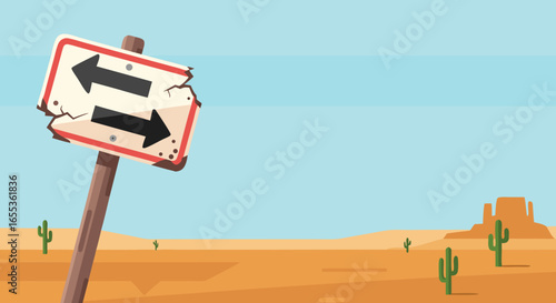 Road Sign Dilemma in the Desert: A weathered road sign, arrows pointing in opposite directions, stands amidst a desolate desert landscape under a vast, cloudless sky.