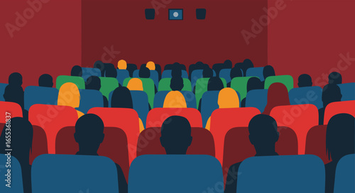 Movie Theater Interior: A vibrant illustration of a packed movie theater interior, the composition highlighting the immersive experience.