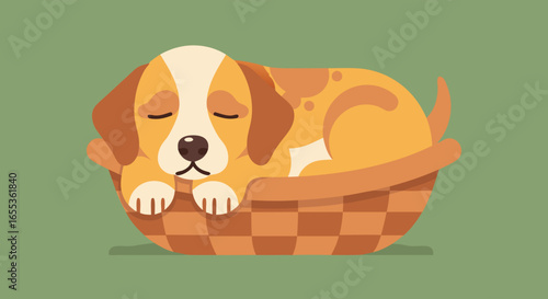 Sleepy puppy in basket: An adorable puppy curls up contentedly in a cozy basket, its eyes closed in peaceful slumber, embodying comfort and tranquility.
