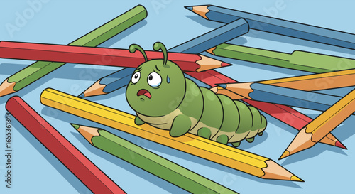 Caterpillar's Colorful Predicament: A cartoon caterpillar is surrounded by a flurry of colored pencils. The expression on the caterpillar's face conveys worry and concern.