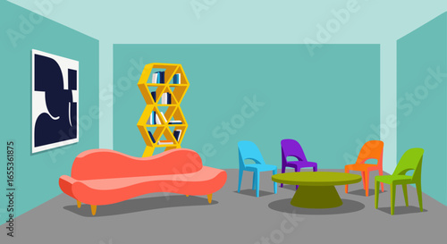 Vibrant Interior Design: A visually stunning interior design concept, featuring a minimalist living room with an eye-catching combination of modern furniture and artistic decor. 