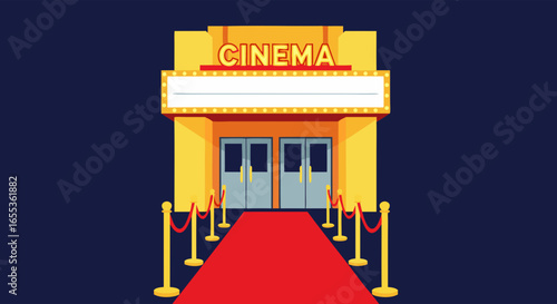 Cinema entrance: An inviting cinema facade beckons with a vibrant red carpet, classic marquee and elegantly illuminated entrance, preparing for a night of cinematic immersion.
