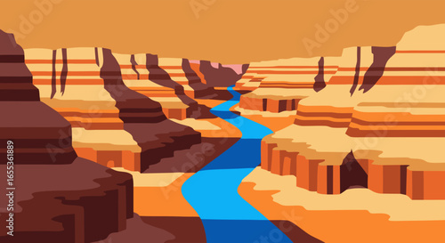 Canyon Landscape: An illustrative, artistic depiction of a grand canyon, featuring majestic rock formations and a winding river, capturing the essence of natural beauty and serene landscape.