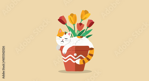 Cat Napping in a flower pot: A cozy scene unfolds as a serene cat lounges amidst colorful tulips in a vibrant flowerpot, painted in a playful illustration style.