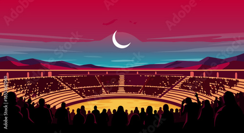Ancient Arena Under the Moon: An evocative illustration depicts a historic arena illuminated by the crescent moon against a twilight sky, filled with spectators.