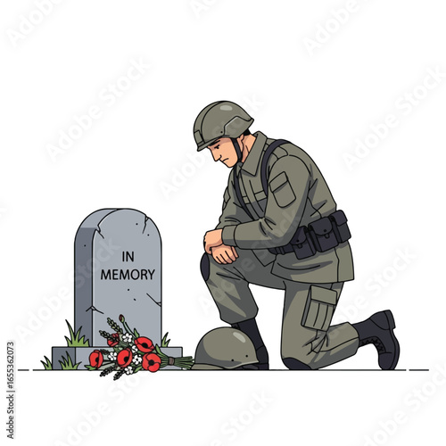 A soldier kneels in somber remembrance at a grave adorned with poppies.