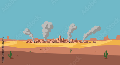 Desert Town Silhouette: An artistic depiction of a desert town, with stylized elements of cacti and mesas. Evokes a sense of old west adventure.