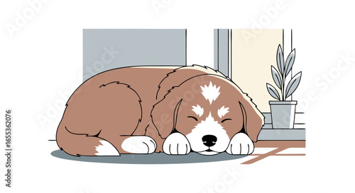 Dreamy Naptime: A charming, resting pup basks in the gentle sunlight near a windowsill, embodies peaceful slumber and serenity.