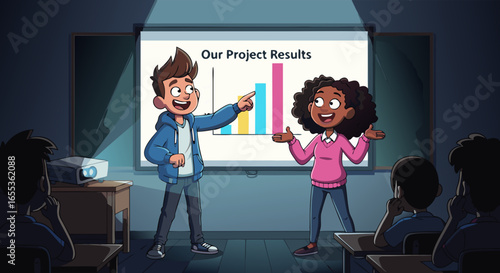 Student Presentation in a Dark Classroom: Two young students passionately presenting project results on a screen, engaging an attentive audience, representing education.