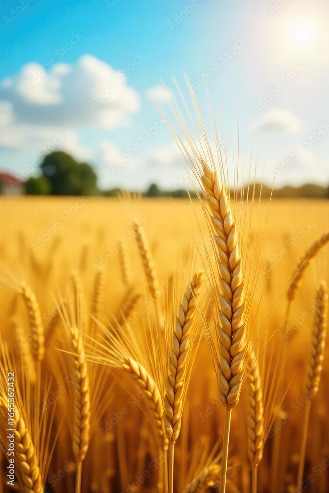 Naklejka premium A bountiful harvest of ripe, golden wheat swaying gently in the summer sun, ready for reaping The scene depicts a picturesque field of golden grain under a bright sky , food, stalks, harvest