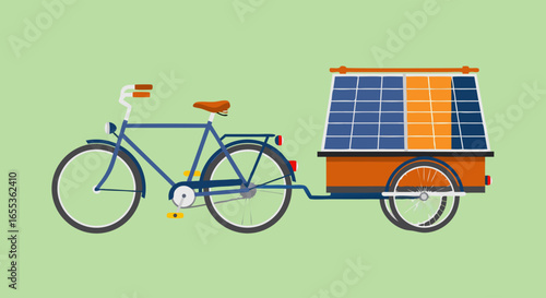 Sustainable Mobility: A blue bicycle pulling a trailer equipped with solar panels, symbolizing eco-friendly transportation.