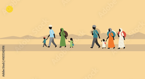 A Journey of Solidarity: A collection of individuals embarking on a collective expedition, each stride weaving a tapestry of resilience under the sun's unwavering gaze.
