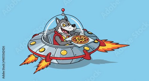 Cosmic Pizza Delivery: A cheerful wolf in a space suit delivers a delicious pizza from a futuristic UFO. A creative scene