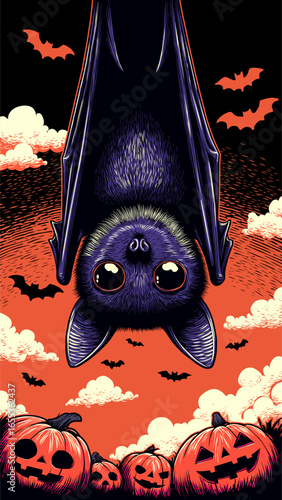 A whimsical illustration of a large purple bat hanging upside down surrounded by carved pumpkins and flying bats against a dramatic orange and black sky with stylized clouds