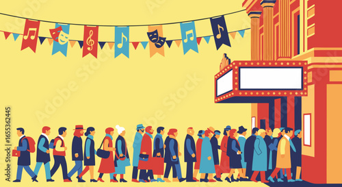 Waiting in line: Anticipation and excitement builds as a crowd of people queue outside of a theater, the marquee lights gleaming, suggesting the start of something memorable. 