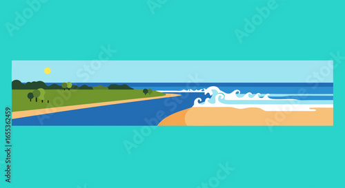 Serene Coastal View: A flat illustration of a serene coastal landscape, capturing the gentle meeting of ocean and land, evoking tranquility and the beauty of nature.