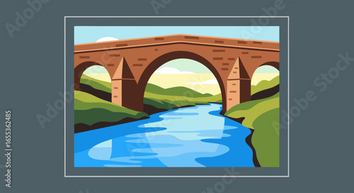 Stone Bridge over River: A classic stone bridge gracefully arches over a flowing river, nestled amidst rolling hills and vibrant green landscape.