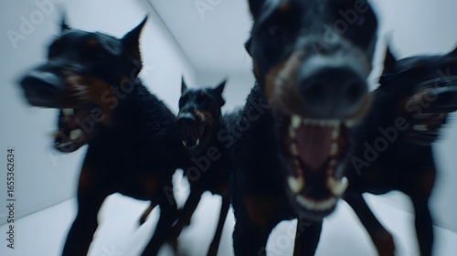 Wallpaper Mural Menacing pack of black Dobermans running aggressively with bared teeth. Torontodigital.ca